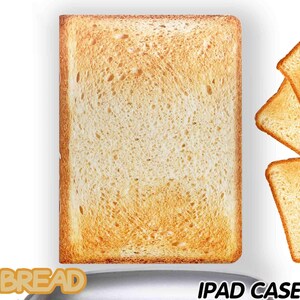 May include: A brown iPad case with a toasted bread design. The case has a textured surface and a white border. The text "iPad Case" is printed on the bottom of the case.