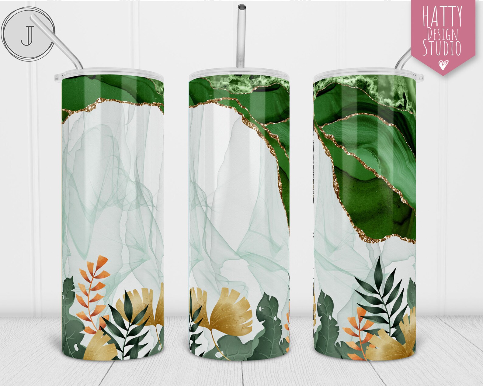 20oz Emerald Green Marble Tumbler With Leaves Green and Gold Etsy