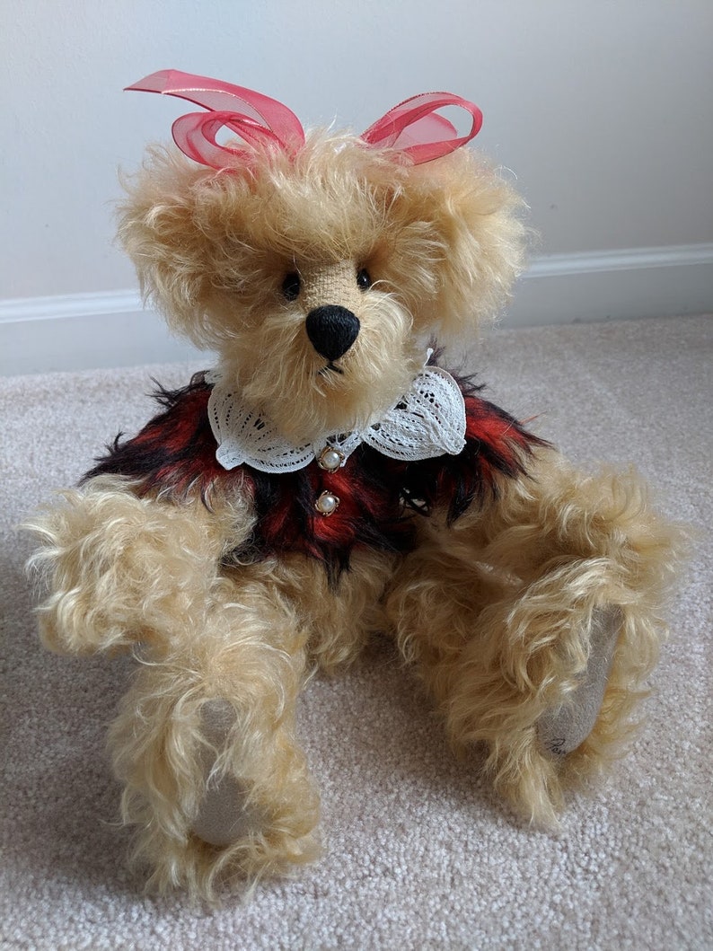 Blonde Curly Mohair Valentines Bear Adorable Vintage Jointed Mohair Bear Signed Pam Kisner Collectible Bear Bear Red Bow MohairJacket