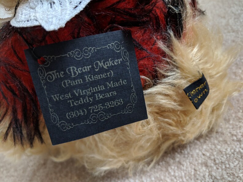 Blonde Curly Mohair Valentines Bear Adorable Vintage Jointed Mohair Bear Signed Pam Kisner Collectible Bear Bear Red Bow MohairJacket