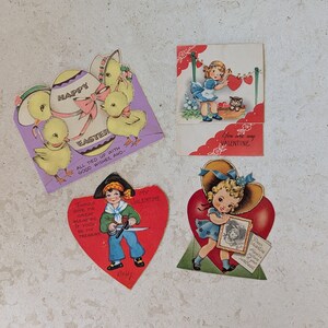 May include: Four vintage Valentine's Day cards with illustrations of children and hearts. The cards feature the text "Happy Easter", "You are my Valentine", "My Valentine", and "Dear Valentine".