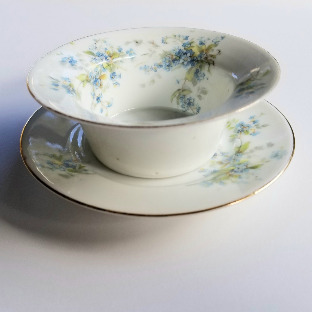 Gold Rim Ramekin Vintage German Porcelain Ramekin and Saucer, Antique Blue Floral Lipped ...