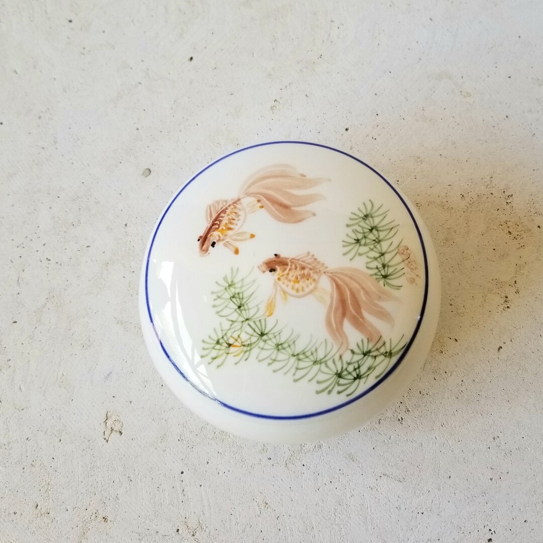 Koi Fish Porcelain Lidded Dresser Box, Modern Design Trinket Box, Cream ...