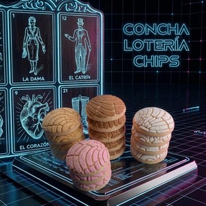 May include: Three stacks of round concha sweet breads in tan, brown, and pink colours positioned in front of a glowing neon sign displaying the text CONCHA LOTERÍA CHIPS and illustrations of Lotería cards including La Dama, El Catrín, and El Corazón.