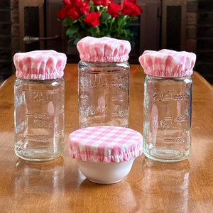 Pink Gingham Mason Jar Cover, Reversible Rustic Jar Cover, Sourdough Cover, Regular & Wide Mouth Mason Jar Cover, Check Canning Jar Cover
