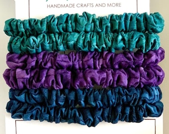 Skinny Tie Dye Batik Cotton Scrunchie, Purple Scrunchie, Blue Scrunchie, Green Scrunchie, Minimalist Hair Ties, Mini Hair Ties, Made in USA