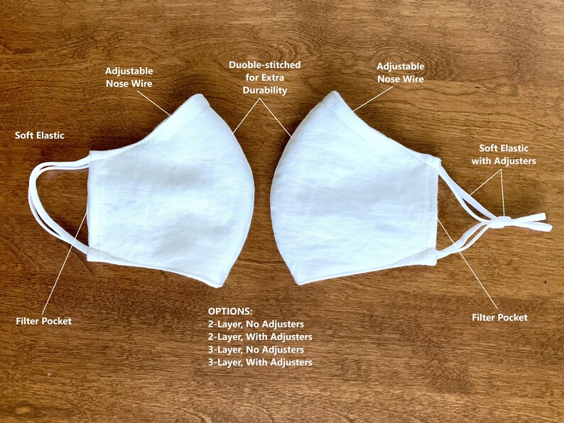 May include: Two white face masks with adjustable nose wires and filter pockets. The mask on the left has soft elastic ear loops. The mask on the right has soft elastic ear loops with adjusters. Options for 2-layer and 3-layer masks with or without adjusters are listed below.