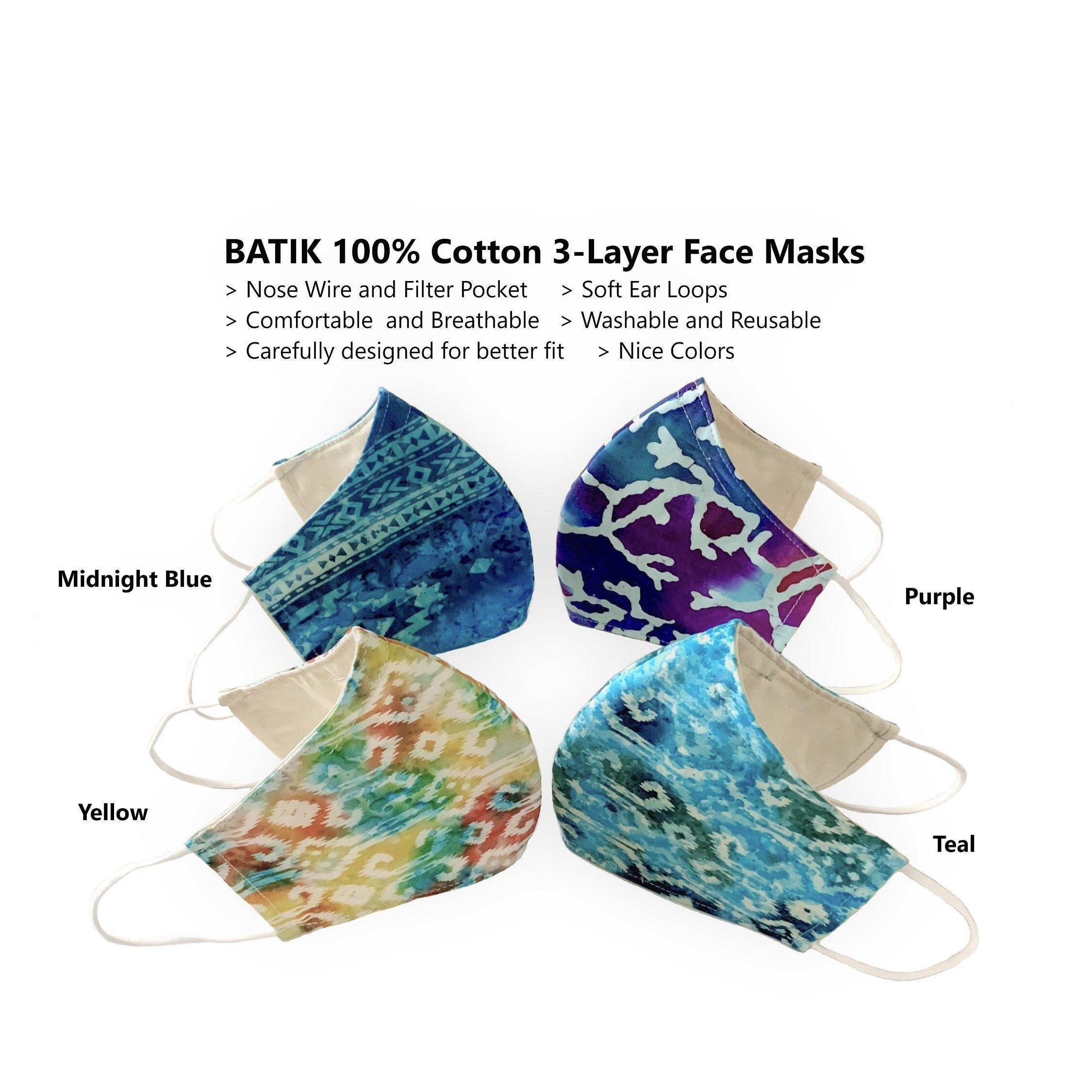 Three Layers BATIK Cotton Face Mask with AdjustabLe Ear Loops, Nose W…