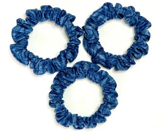 Blue Denim Scrunchie, 3-Pack Medium Cotton Scrunchies, Denim Pattern Scrunchie, Blue Cotton Hair Ties, Hair Accessory, Made in USA