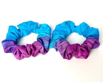 Tie-Dye Batik Cotton Scrunchie, 2-Pack Blue-Purple Tie Dye Scrunchie, Medium Hair Ties, Medium Scrunchie, Made in USA