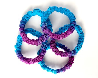 Tie-Dye Skinny Batik Cotton Scrunchie, 5-Pack Blue-Purple Mini Tie Dye Scrunchie, Mini Hair Ties, Mini Hair Accessory, Made in USA