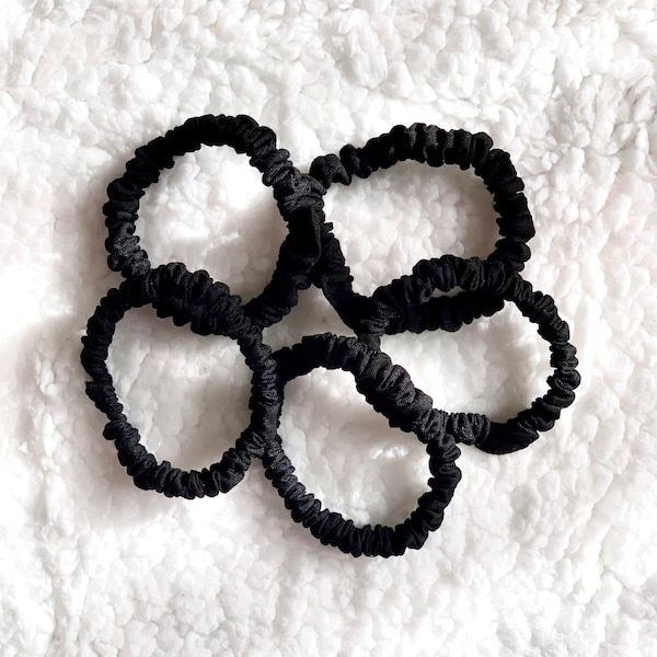 Black Skinny Cotton Scrunchies, 5-Pack Gift Idea for Her, Mothers Day or Birthday Gift, Minimalist Hair Ties, 100% Cotton, Made in USA