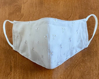 Elegant White 3-Layer Eyelet Face Mask with Filter Pocket and Adjustable Ear Loops and Nose Wire, Premium Cotton Linings, Made in USA