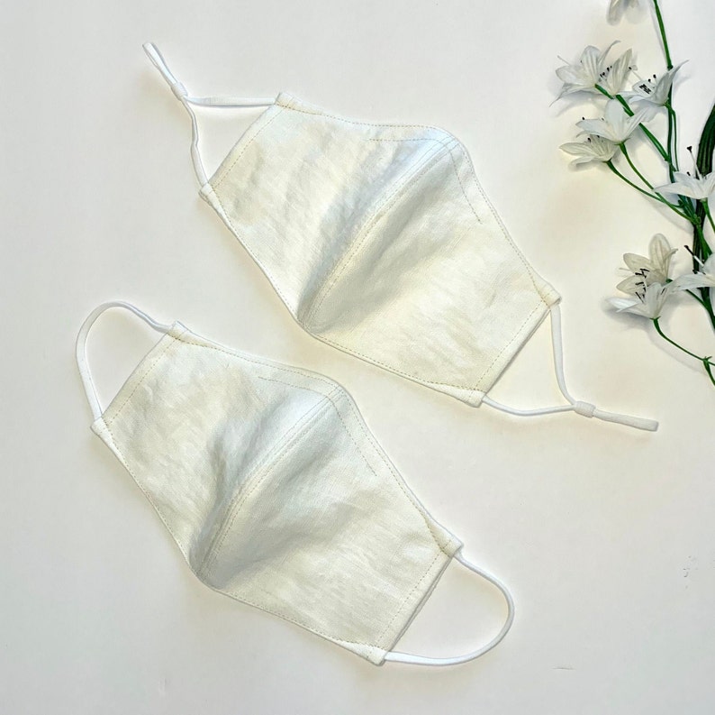 The face masks are available in two variants. One has adjustable elastic ear loops and one is fixed but flexible. The masks are made of 100% soft, breathable linen fabric.