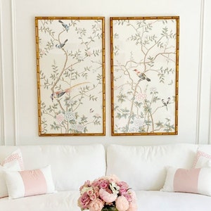 A set of 3 panels,  Chinoiserie Handpainted Artwork on White/Beige silk wallpaper ( no frame)--reserved for Mary Alvarez