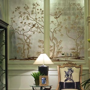 36&quot; *60&quot;, 36&quot;* 96&quot;, 36&quot; *108&quot;, Sepia Chinoiserie Hand-painted Metallic Leaf Wallpaper