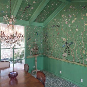 36&quot;*84&quot;, Peacock Garden, chinoiserie wallpaper murals, top quality prints wallpaper,Turquoise green, Custom design to fit the wall size