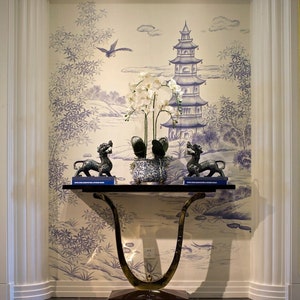 West Lake handpainted  on antiqued ground color C----Chinoiserie Hand-painted silk wallpaper