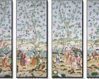 36"*96". A Spectacular Set of four  Chinese Export Hand-Painted Wallpaper Panels