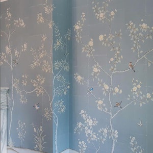 Peony Garden Hand-painted chinoiserie wallpaper, Blue  Grey silk chinoiserie panels--custom ground color available