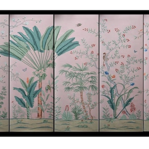 Palm tree, Rain forest   hand-painted on pink silk wallpaper