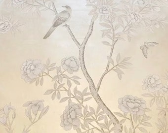 Arte mural chinoiserie monocromático de 91 x 152 cm: pájaros pintados a mano sobre hoja metálica / Panel botánico ML-25 / Verde esmeralda