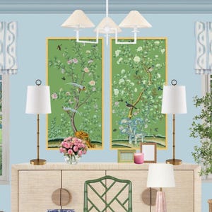 24&quot; *48&quot;/panel, A set of 2 panels  Emerald Green wall artwork, chinoiserie panels, chinoiserie birds and flowers, vintage paintings,no frame