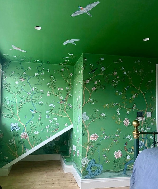 Handpainted Chinoiserie Wallpaper, Emerald Green Silk Wallpaper Etsy