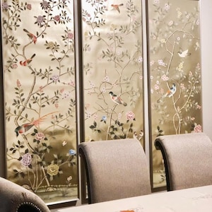 26&quot; x 68&quot; , Chinoiserie Handpainted Artwork on Champagne Metallic Leaf