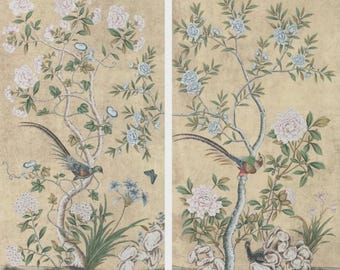 24"*48", 30"*60", 36"*72", panele ścienne w stylu chinoiserie, styl XVIII wieku, sztuka ścienna z perłowo-jedwabnego materiału