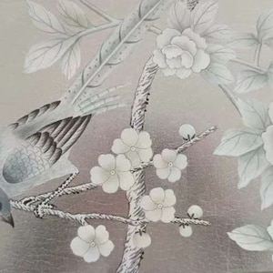 Chinoiserie Wallpaper Mural on Silver Metallic Leaf – Hand-Painted Birds & Flowers | Dining Room Decor