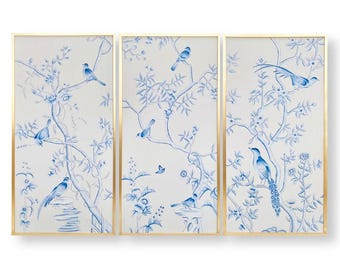 Hand-Painted Chinoiserie Silk Wallpaper, Blue & White, 3 Panel Set
