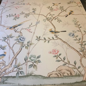 Chinoiserie Handpainted Wallpaper on Light  Silk wallpaper