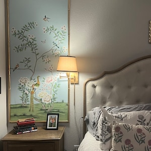24&quot; *48&quot;, triptych chinoiserie panels, birds and flowers, baby blue,  romantic paintings ( no frame)