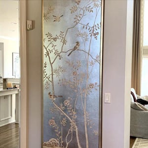 32&quot; by 84&quot; Chinoiserie Handpainted Artwork on Silver Metallic Leaf ML-17 / light champagne leaf