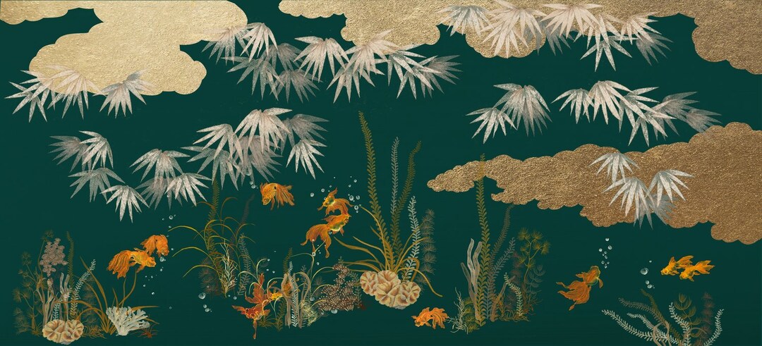Goldfish, Bamboo, Hand-painted Wallpaper - Etsy - Bamboo Decor For Outdoor Goldfish Ponds