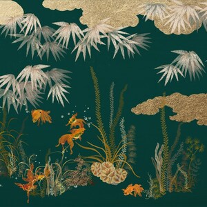 Goldfish, bamboo,  Hand-Painted Wallpaper