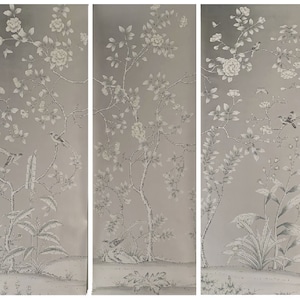 Chinoiserie birds and flowers in Mono Gray Handpainted on Wallpaper on Silver Metallic Leaf 48#---Reserved order