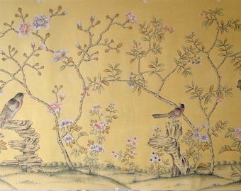 W84"*H36", Hand-painted Chinoiserie  Wallpaper, custom hand-painted wisteria on beige white silk