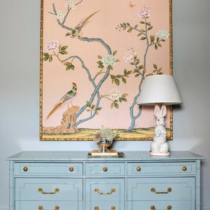 30&quot; x 30&quot; , 36&quot; *36&quot;, Chinoiserie Handpainted Artwork on Pink Spun Silk ( no frame), shipping immediately
