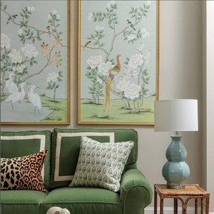 24&quot;*H48&quot;, aqua green Chinoiserie  Panels, Set of 3, india tea wallpaper, Wall Art, Wall Decor, Wall Hanging - Colourful Peonies -prints art