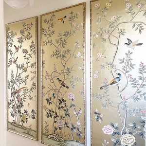 26&quot; *68&quot;/panel,  champagne  chinoiserie panels, unframed Chinoiserie artwork--hand-painted wallpaper