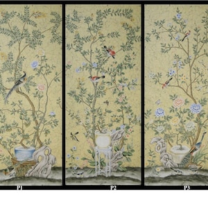 Puede incluir: Tres paneles de papel tapiz con fondo amarillo y diseño floral. El papel tapiz presenta pájaros, flores y un jarrón con una planta. Los paneles están etiquetados como P1, P2 y P3.