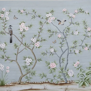 40&quot; x 36&quot; Chinoiserie Handpainted Artwork on blue slub Silk