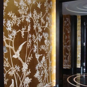 Hand-painted chinoiserie birds and flowers wallpaper, gold leaf wallpaper