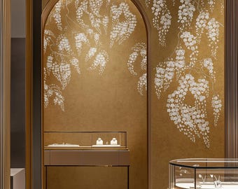 36"*96".  Wisteria Wallpaper Hand Painted Wallpaper on Champagne Metallic Gilded Paper 3ft W X 8ft H/Panel