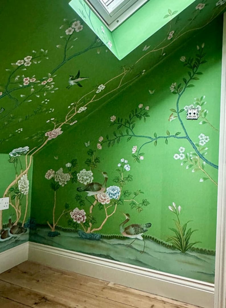 Handpainted Chinoiserie Wallpaper, Emerald Green Silk Wallpaper Etsy