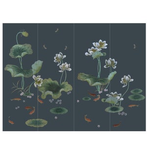 36&quot; *96&quot;/ panel, lotus wallpaper, hand-painted chinoiserie wallpaper, deep blue silk wallpaper