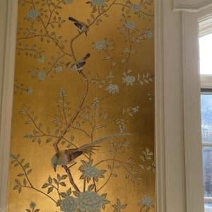 30&quot;*60&quot;, Hand-painted chinoiserie birds and flowers wallpaper, gold leaf wallpaper