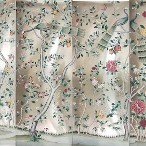 36&quot; *96&quot; Peacock Chinoiserie Panels Hand painted Wallpapers,  Peacock Chinoiserie Panels Hand painted Wallpapers on Champagne